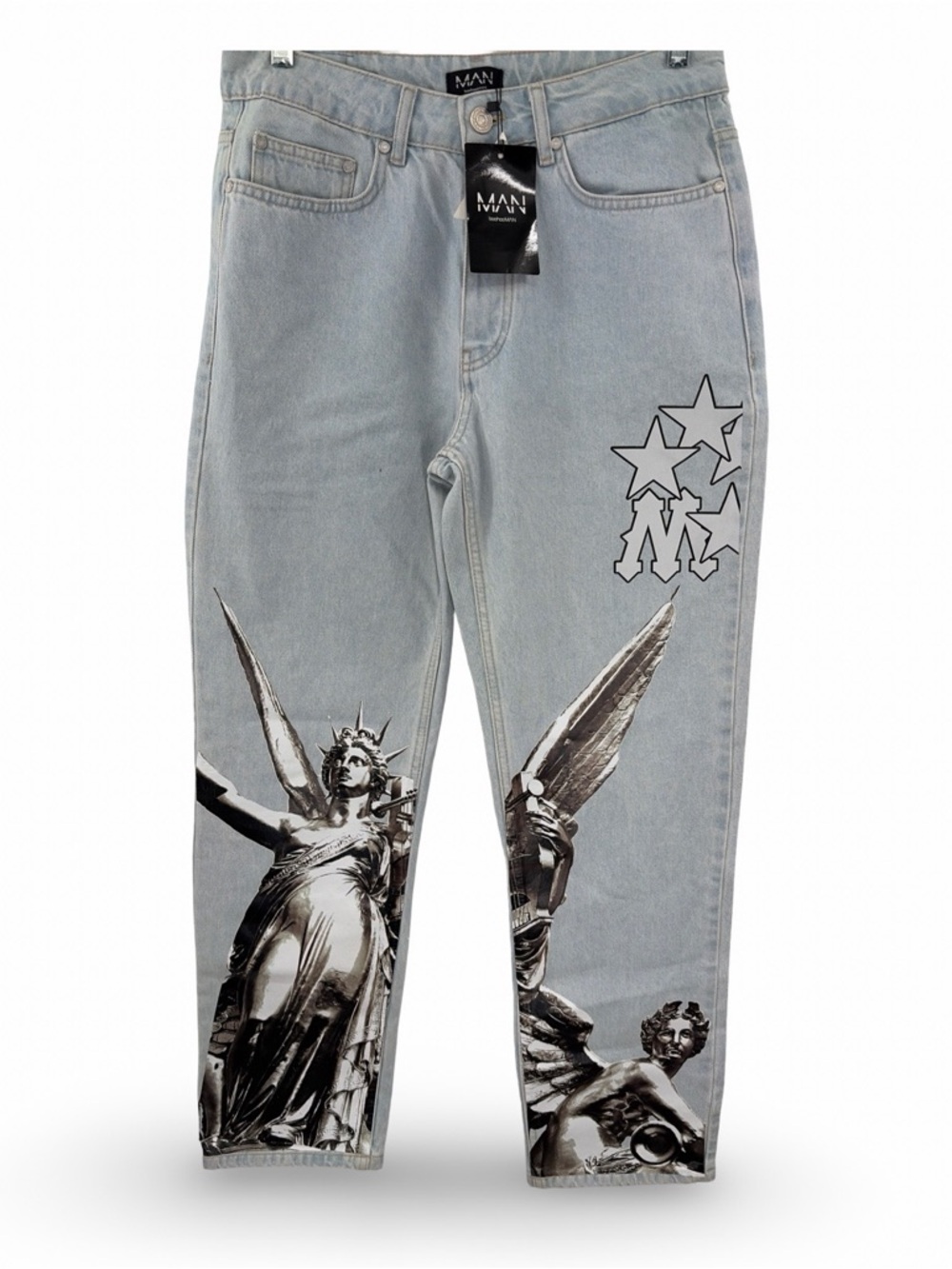 Boohoo MAN Renaissance Print Signature Graphic Light Wash Jeans Size 32 Regular